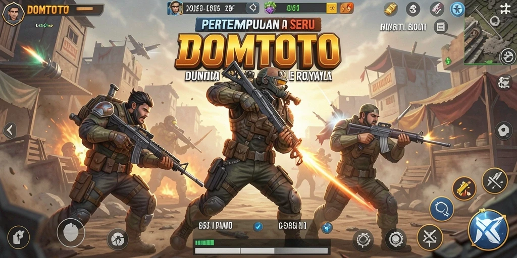 Screenshot gameplay DOMTOTO menampilkan aksi seru dalam pertempuran Battle Royale.
