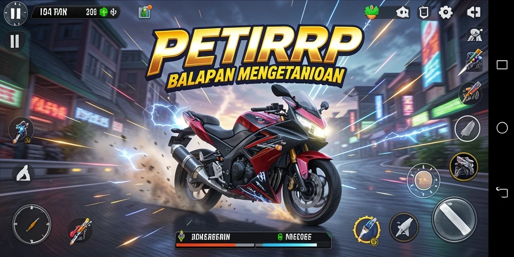 Screenshot utama menunjukkan suasana balapan motor yang seru dan menegangkan.