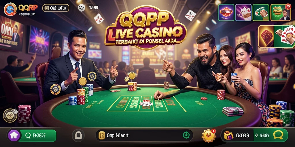Screenshot QQRP menampilkan dealer live dan suasana kasino yang menarik.