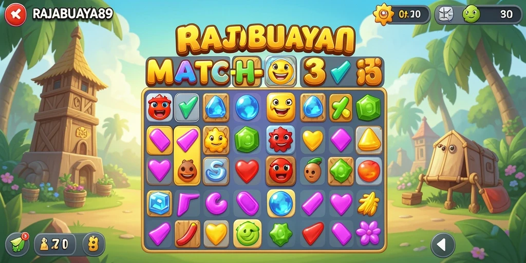 Screenshot utama gameplay RAJABUAYA89 menunjukkan aksi seru permainan Match-3.